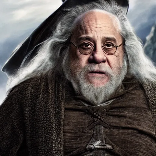 Image similar to danny devito starring as gandalf the white in the 2 0 2 4 lord of the rings movie, full body, hyper realistic, high quality, wide angle