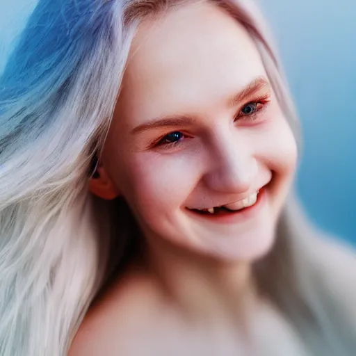 Image similar to beautiful hyperreal portrait of a cute thing young woman smiling softly, long white hair, flushed face, blue eyes, golden hour, soft focus, 8 k, portra 4 0 0