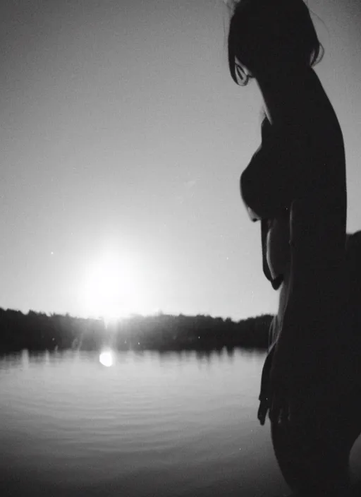 Prompt: a 2 8 mm holga photo from the back of a woman at the edge of a lake, splash art, movie still, bokeh, canon 5 0 mm, cinematic lighting, dramatic, film, photography, golden hour, depth of field, award - winning, anamorphic lens flare, 8 k, hyper detailed, 3 5 mm film grain