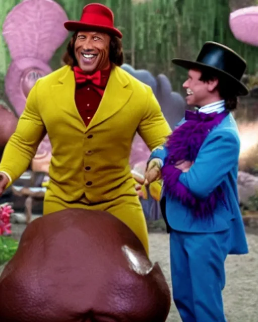 Image similar to Film still of Dwayne Johnson as Willy Wonka from the movie Willy Wonka & The Chocolate Factory