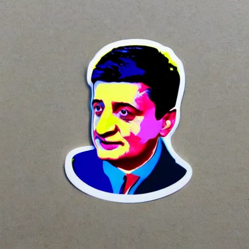 Image similar to volodymyr oleksandrovych zelensky president of ukraine. face like in his photographs. intricate sticker design by andy warhol