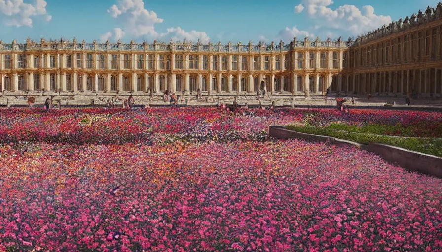 Image similar to palace of versailles covered by flowers, sunny day, crowd, hyperdetailed, artstation, cgsociety, 8 k