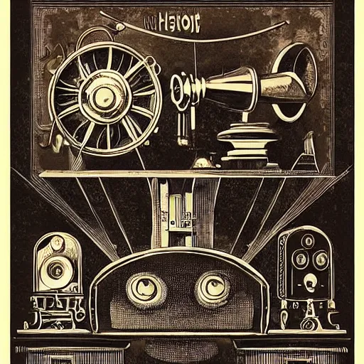 Prompt: “Old steampunk gramophone with antique loudspeakers and lots of wires. Dark, intricate, highly detailed, smooth, 19th century poster in style of Geiger”