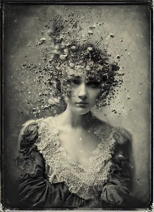 Image similar to old wetplate daguerreotype elegant pretty portrait with explosion of data fragments, fractal, intricate, elegant, highly detailed, parallax, leica, medium format, subsurface scattering, by jheronimus bosch and greg rutkowski and louis jacques mande daguerre