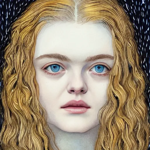 Prompt: professional painting of Elle Fanning in the style of Rebecca Guay, head and shoulders portrait, symmetrical facial features, smooth, sharp focus, illustration, intricate, stormy weather, extremely detailed masterpiece,