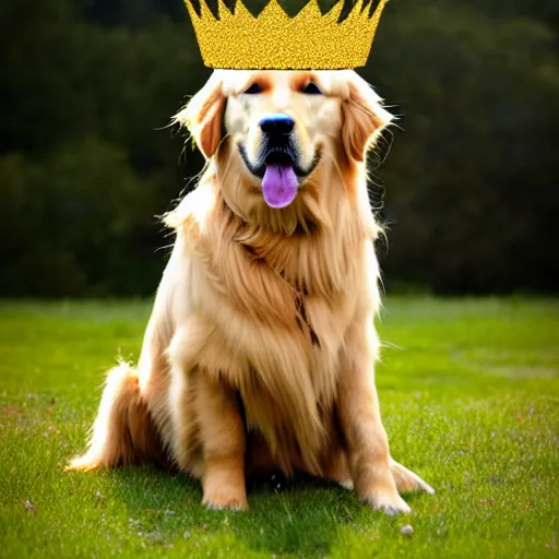 Image similar to a golden retriever wearing a golden king crown, photo