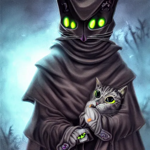 Prompt: a plague doctor cat with techo armor with rgb led lights in a graveyard, digital painting, awesome, highly detailed, spooky, gothic, scifi, horror