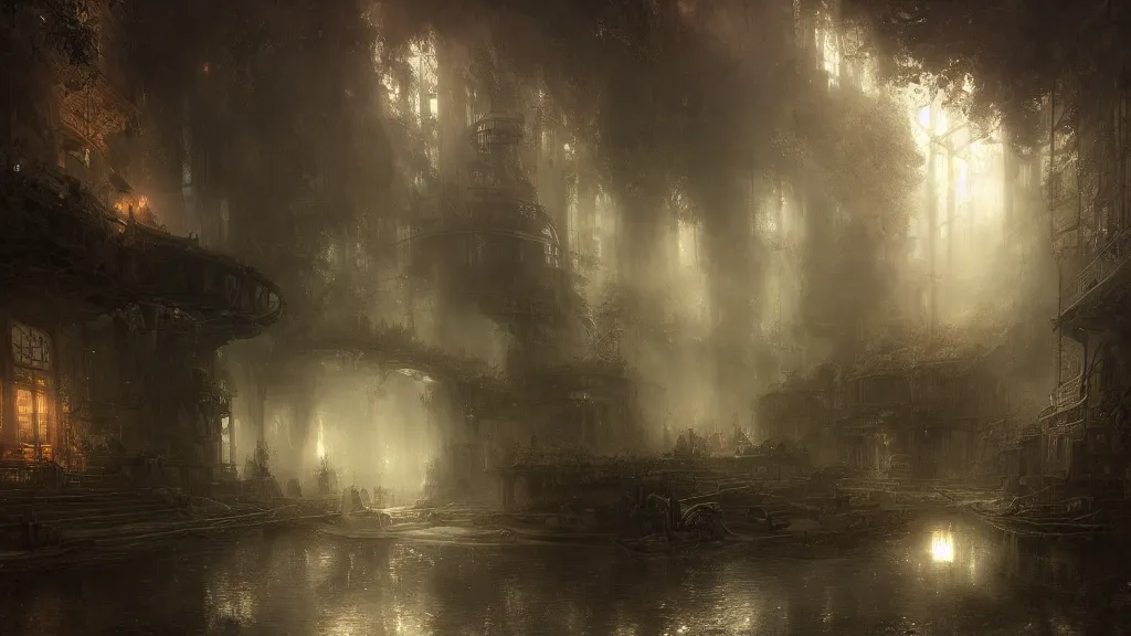 Image similar to steampunk landscape underground, andreas achenbach, artgerm, mikko lagerstedt, zack snyder, tokujin yoshioka