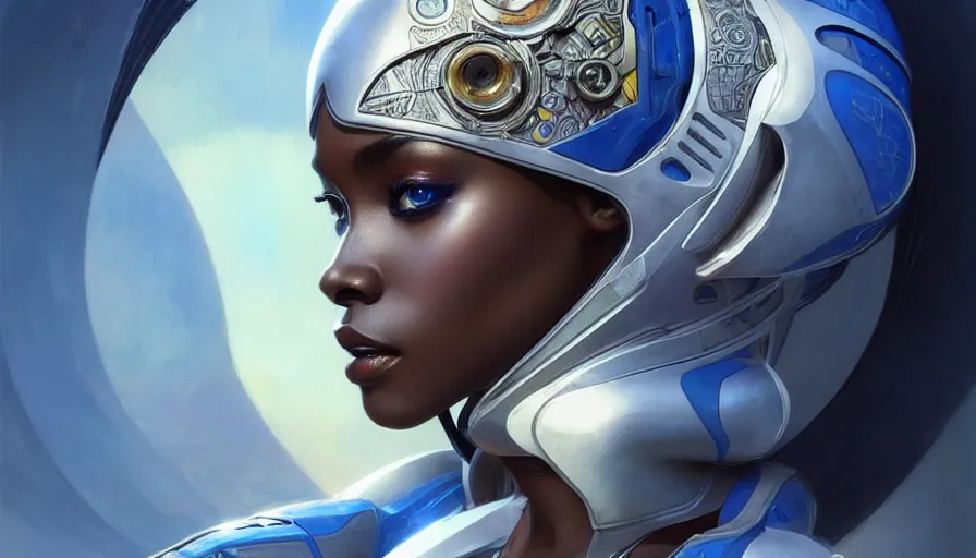Image similar to concept art of very very very very very very beautiful african woman, spacesuit, futuristic cybernetic helmet, blue eyes, real life skin, intricate, elegant, highly detailed, artstation, concept art, smooth, sharp focus, art by artgerm and greg rutkowski and alphonse mucha