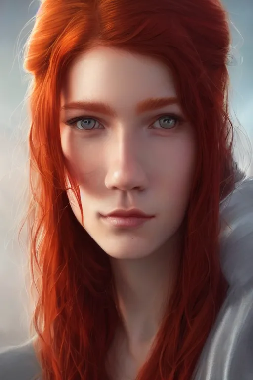 Image similar to ultra realistic style illustration of a beautiful cute red haired joyful 1 9 year old teen, full portrait, long hair, sci - fi, fantasy, intricate, elegant, digital painting, artstation, concept art, smooth, sharp focus, 8 k frostbite 3 engine, ultra detailed, art by artgerm and greg rutkowski and magali villeneuve