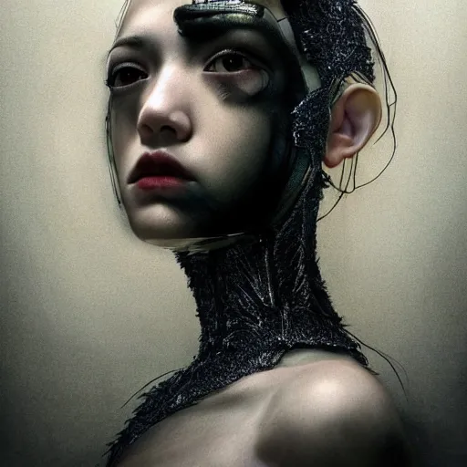 Prompt: Kiko Mizuhara is an unsettling scary terrifying bio mechanical cyborg post human, physically accurate, very dramatic dynamic lighting, intricate, very very elegant, highly detailed, digital painting, artstation, very hyperrealistic, very very very HR GIGER, very Bensinski, Hieronymus Bosch, Francis Bacon, concept art, smooth, sharp focus, illustration, art by artgerm and greg rutkowski and alphonse mucha