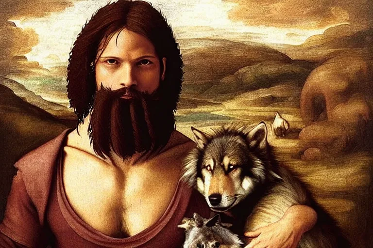 Image similar to renaissance painting full body portrait of a gruff ranger with his pet wolf, lean and toned, handsome face, hairy chest and hairy body, D&D, intricate, elegant, highly detailed, digital painting, artstation, concept art, matte, sharp focus, chiaroscuro, well list, illustration, art by da Vinci, Artgerm and Greg Rutkowski and Alphonse Mucha