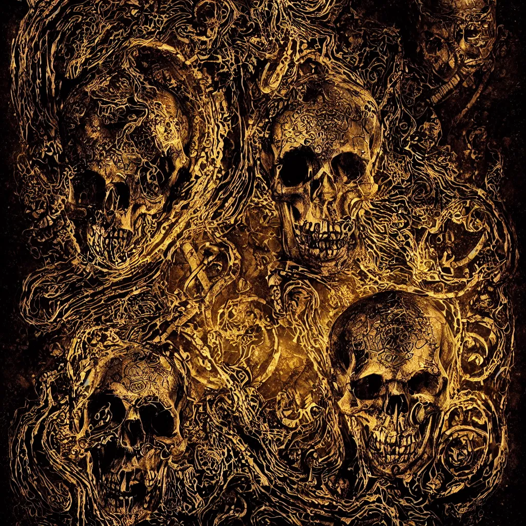 Image similar to ominous chiaroscuro baroque still life poster of a lonely golden runic skull intricately decorated with ancient runic inscriptions and prophecy engravings. dramatic ray of light, ultra detailed, unreal engine 5 by elden ring, billelis, ominous dark background. weirdcore ( lord of the rings : the return of the king 2 0 0 3 )