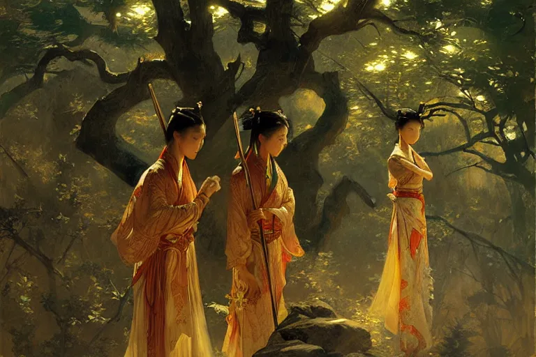 Image similar to wuxia, forest, moonlight, painting by gaston bussiere, craig mullins, j. c. leyendecker