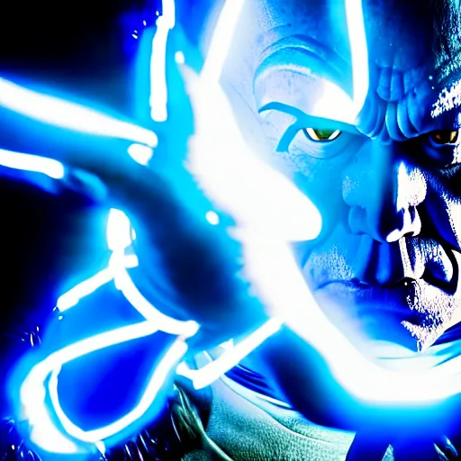 Image similar to uhd candid photo of alex jones as a dbz character, glowing blue, global illumination, radiant light, detailed, intricate costume. photo by annie leibowitz