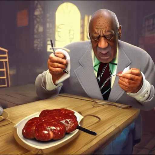 Image similar to bill cosby eating sausages, rapture, bioshock, photorealistic, 4 k, ultra realistic. isometric