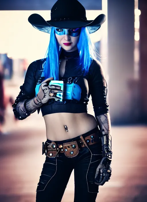 Image similar to full body photograph of a cyberpunk cowgirl beautiful face, intricate clothing, cinematic