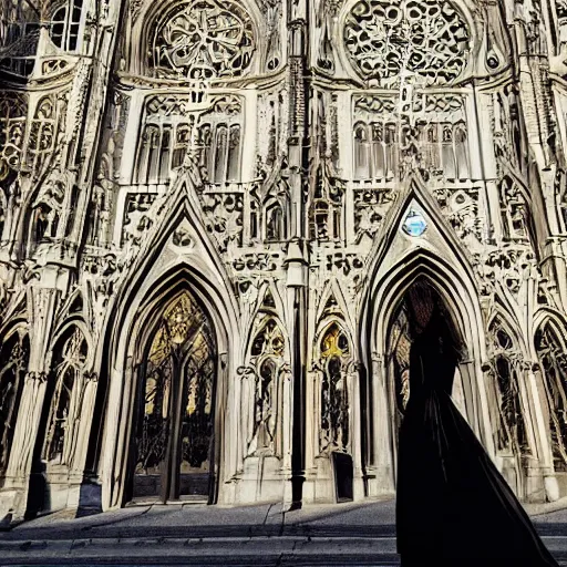 Prompt: a white marble gothic cathedral with mandala windows with sun reflection, golden hour, a gothic girl dressed in black with perfect face