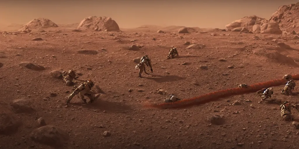 Prompt: future soldiers climbing on giant centipede on Mars, cinematic, volumetric lighting