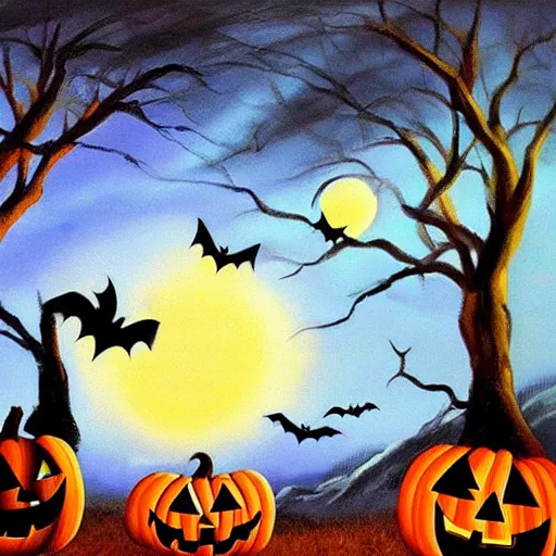 Prompt: halloween scene painted by bob ross