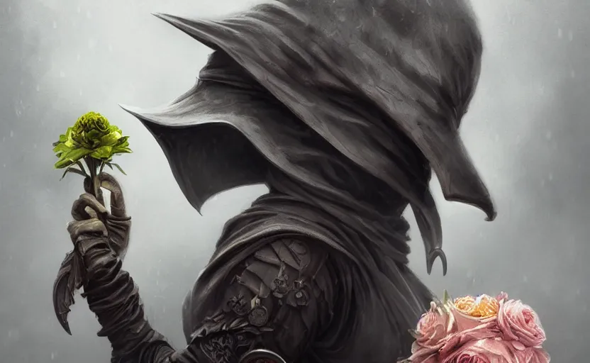 Image similar to female plague doctor holding flowers, heavy rain, wind, thunder, reflections, deep focus, d & d, fantasy, intricate, elegant, highly detailed, digital painting, artstation, concept art, matte, sharp focus, illustration, hearthstone, art by artgerm and greg rutkowski and alphonse mucha