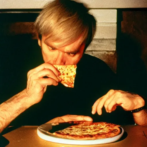 Image similar to a photo of andy warhol eating a delicious slice of pizza