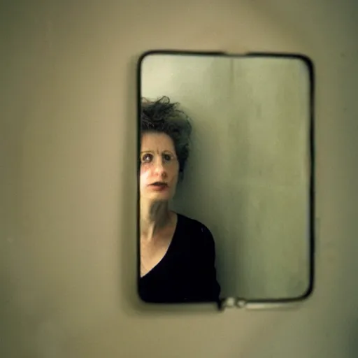 Image similar to woman looking herself in a broken mirror, close, detailed, by annie leibovitz, photography