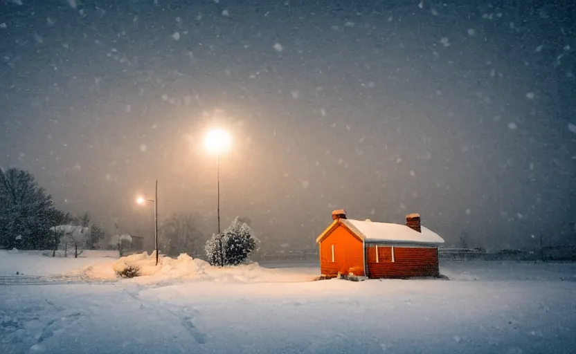 Image similar to Snowy Landscape with Blizzard and heavy snow, a Small shack in the distance with orange lights in the windows