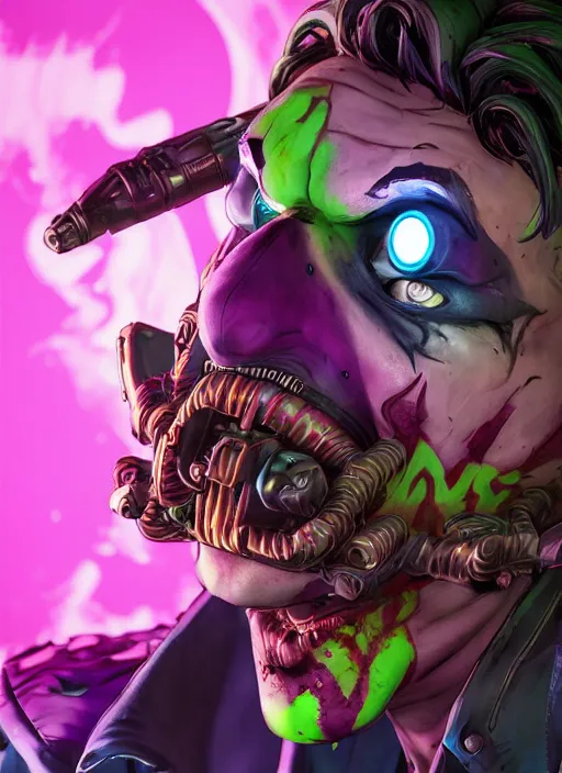 Image similar to glowwave portrait of joker from borderlands 3, au naturel, hyper detailed, digital art, trending in artstation, cinematic lighting, studio quality, smooth render, unreal engine 5 rendered, octane rendered, art style by klimt and nixeu and ian sprigger and wlop and krenz cushart.