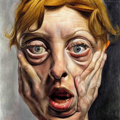 Prompt: high quality high detail painting by lucian freud, hd, scared woman, big eyes, vivid colors, photorealistic lighting