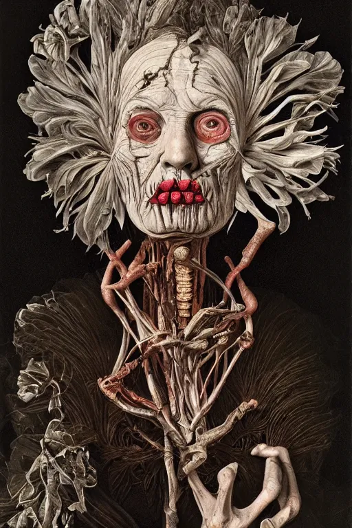 Image similar to Detailed maximalist portrait of an old woman with large lips and eyes, scared, botanical skeletal with extra flesh, HD mixed media, 3D collage, highly detailed and intricate, surreal illustration in the style of Caravaggio, dark art, baroque