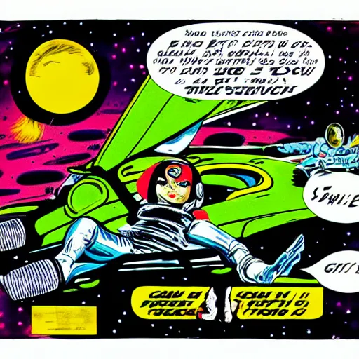 Image similar to alien racing drivers, space, comic, racers, retro, 70s, comic book, girl