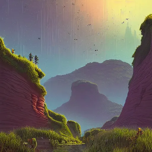 Image similar to beautiful digital artwork of a lush natural scene on an alien planet by simon stalenhag. extremely detailed. science fiction. interesting color scheme. beautiful landscape. weird vegetation. cliffs and water.