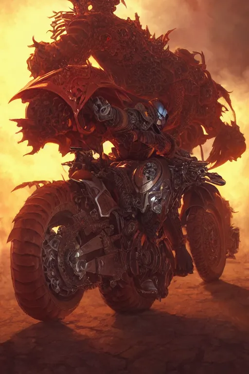 Image similar to hell mutant motorbiker, highly detailed, d & d, fantasy, highly detailed, digital painting, trending on artstation, concept art, sharp focus, illustration, global illumination, ray tracing, realistic shaded, art by artgerm and greg rutkowski and fuji choko and viktoria gavrilenko and hoang lap, sunny