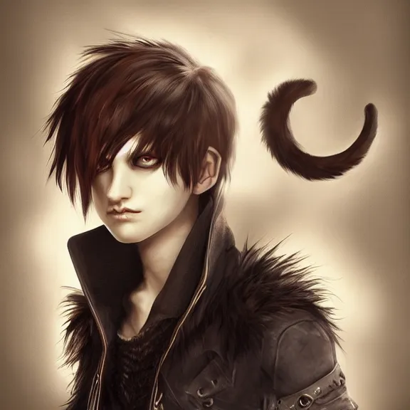 Image similar to emo boy with feline ears and tail, fantasy artwork, mid-shot, award winning, hyper detailed, very very very very very beautiful!, studio lighting, artstation