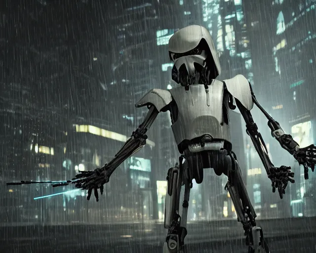 Image similar to photo of the iconic scene where general grievous with 4 arms holding 4 activated lightsabers in the rain. cyberpunk horror style. highly detailed 8 k. intricate. nikon d 8 5 0 5 5 mm. award winning photography.