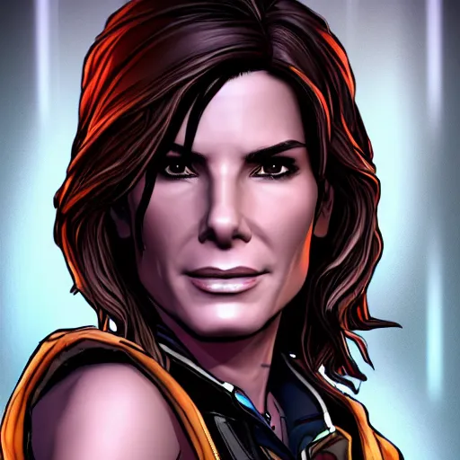 Image similar to sandra bullock portrait, borderlands, tales from the borderlands, the wolf among us, comic, cinematic lighting, studio quality, 8 k