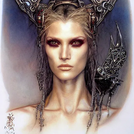 Image similar to an award finning closeup facial portrait by alan lee, luis royo and john howe of a bohemian female cyberpunk traveller clothed in excessively fashionable 8 0 s haute couture fashion and wearing ornate art nouveau body paint