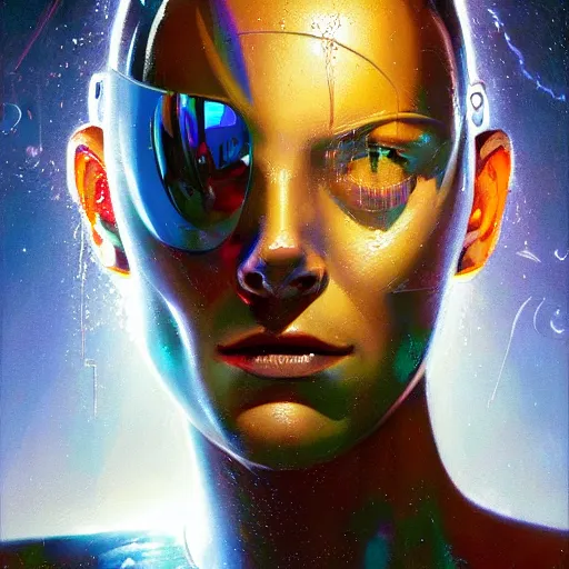 Image similar to detailed face of a cyborg, large hadron collider, dimensional portal, teleportation, wet reflections, prism, atmospheric, ambient, pj crook, syd mead, livia prima, artgerm, greg rutkowski, nick alm, casey baugh