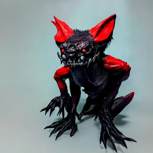 Image similar to detailed full body of scary giant mutant dark blue humanoid pygmy-bat, glowing red eyes, sharp teeth, acid leaking from mouth, realistic, giant, bat ears, bat nose, bat claws, bat wings, furred, covered in soft fur, detailed, 85mm f/1.4