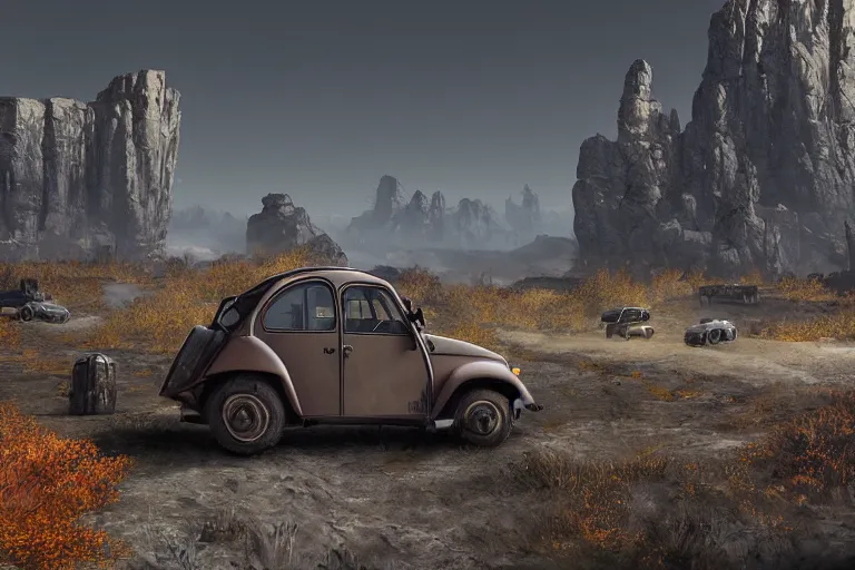 Image similar to offroad citroen 2 cv ( 1 9 6 5 ) driving across the rift, daedric longsword attached to the side, leather and cloth traveller bags on roof, riften city in the background, epic fantasy, autumn, the elder scrolls v : skyrim, dramatic lighting, establishing shot, by simon stalenhag