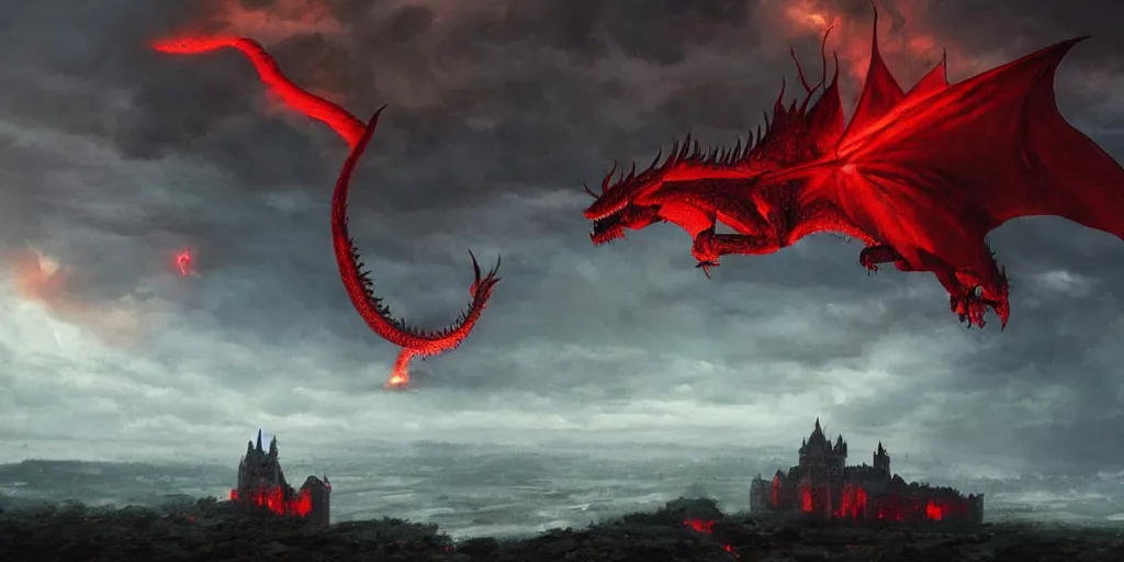 Image similar to A huge red dragon swoops past an imposing medieval castle, breathing fire, dark fantasy, stormy sky, lightning, digital art by Greg Rutkowski and Studio Ghibli