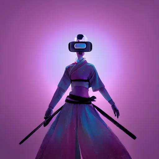 Image similar to digital art of a beautiful tall and feminine albino supermodel maiko samurai armor playing with a vr headset in a cyan and purple lit room greg rutkowski style