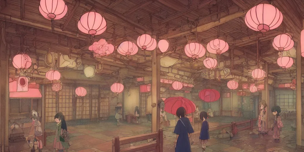 Image similar to bathhouse ( spirited away ), japanese, lanterns. photorealistic, expansive cinematic view, volumetric shading, intricate and detailed, highly saturated colors. breath of the wild style, by hayao miyazaki ghibli!!!. pastel!! pink accents. trending on artstation. award winning