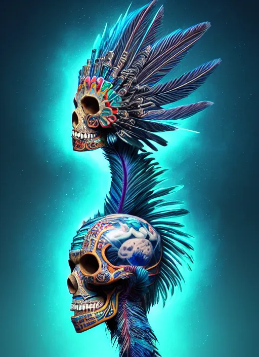 Image similar to 3 d shaman with tattoos profile portrait, sigma 5 0 0 mm f / 5. beautiful intricate highly detailed quetzalcoatl skull and feathers. bioluminescent, plasma, frost, water, wind, creature, gradient background, thunderstorm! artwork by tooth wu and wlop and beeple and greg rutkowski, 8 k trending on artstation,