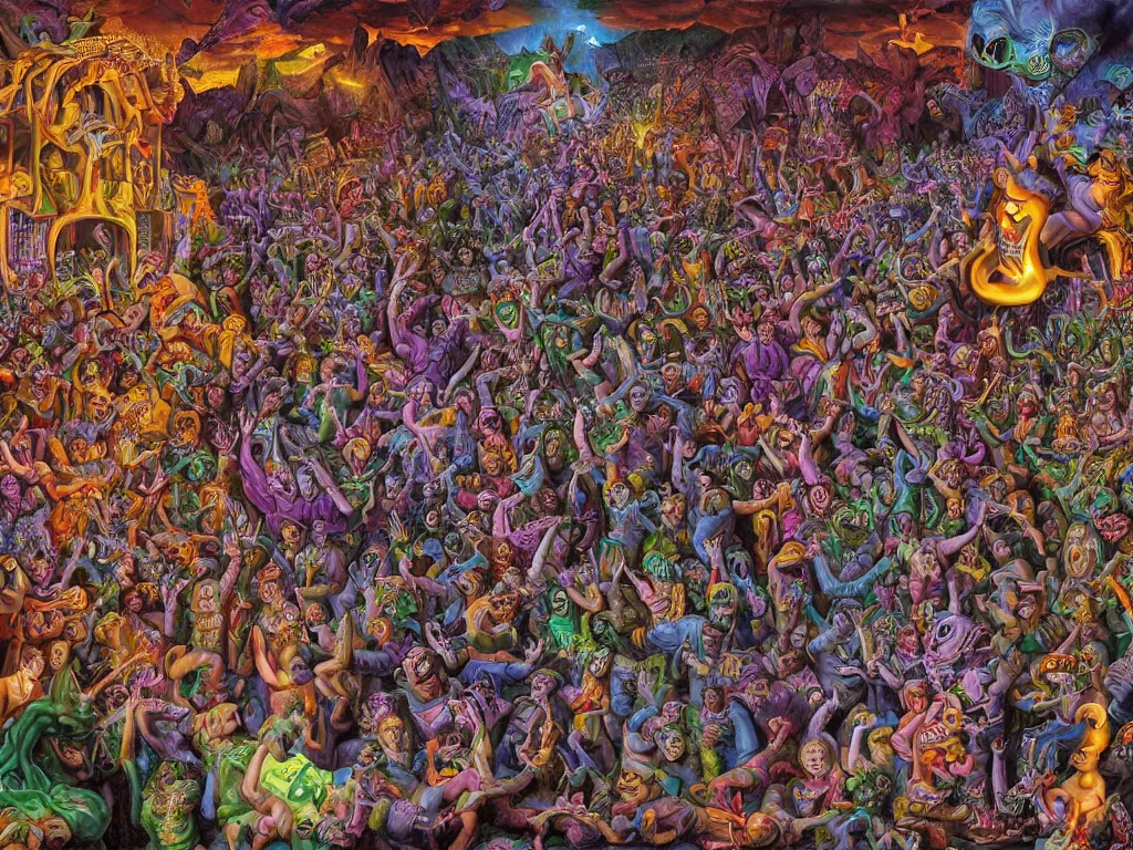 Image similar to digital painting rave party in hell by Chor Boogie, intricate details, ultra detailed, 4K, award-winning, touch of M. C. Escher and Salvador Dali