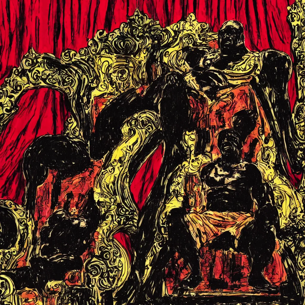 Image similar to style of frank miller, big black man sitting on throne, background made of big curtains