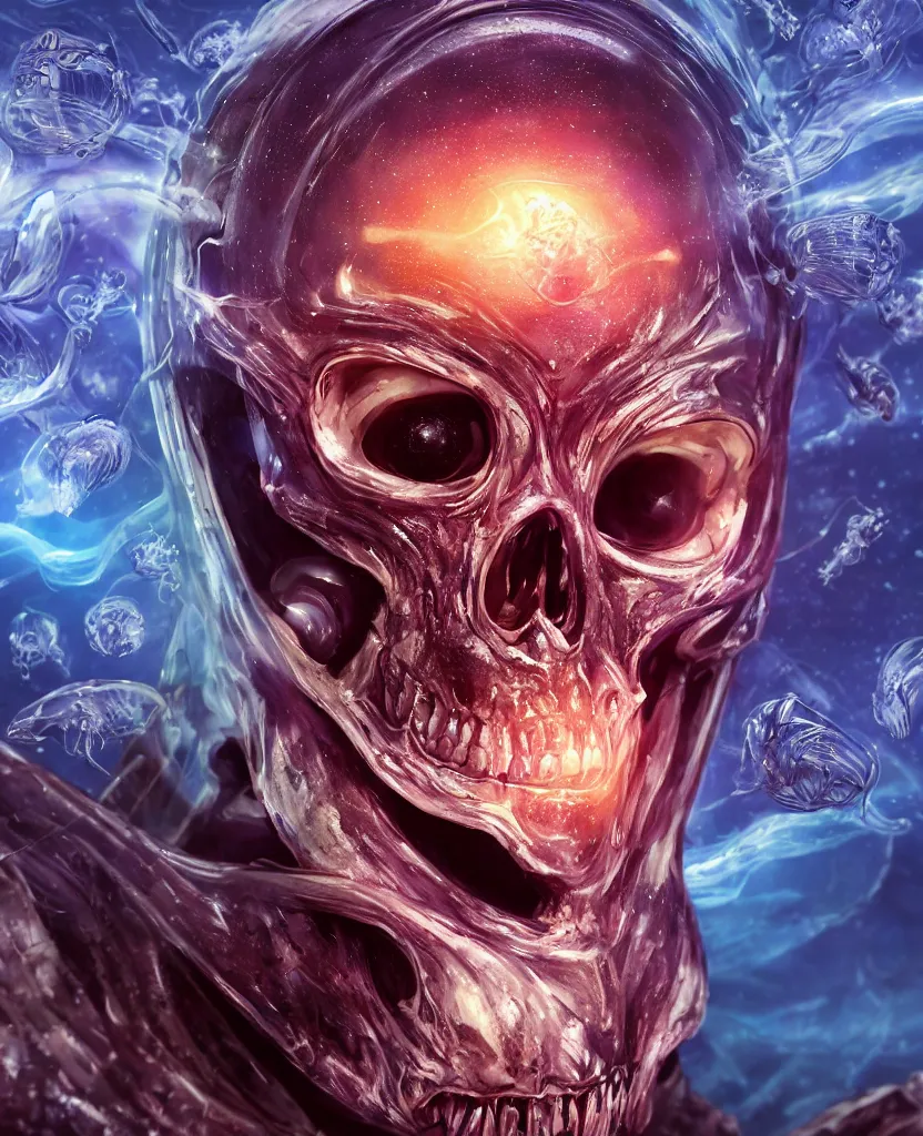 Image similar to close-up macro portrait of the face of a beautiful princess rotten skull in a spaceman suit, epic angle and pose, symmetrical artwork, 3d with depth of field, blurred background, cybernetic jellyfish female face skull phoenix bird, translucent, nautilus, energy flows of water and fire. a highly detailed epic cinematic concept art CG render. made in Maya, Blender and Photoshop, octane render, excellent composition, cinematic dystopian brutalist atmosphere, dynamic dramatic cinematic lighting, aesthetic, very inspirational, arthouse. y Greg Rutkowski, Ilya Kuvshinov, WLOP, Stanley Artgerm Lau, Ruan Jia and Fenghua Zhong