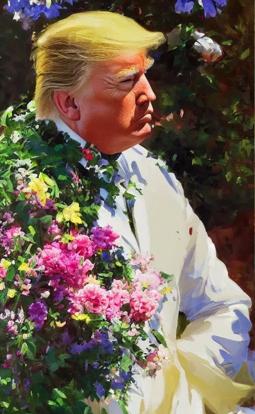 Image similar to romantic portrait of donald trump in an elegant dress surrounded by beautiful flowers, by gregory manchess, james gurney, james jean, realistic, photo, 8 k