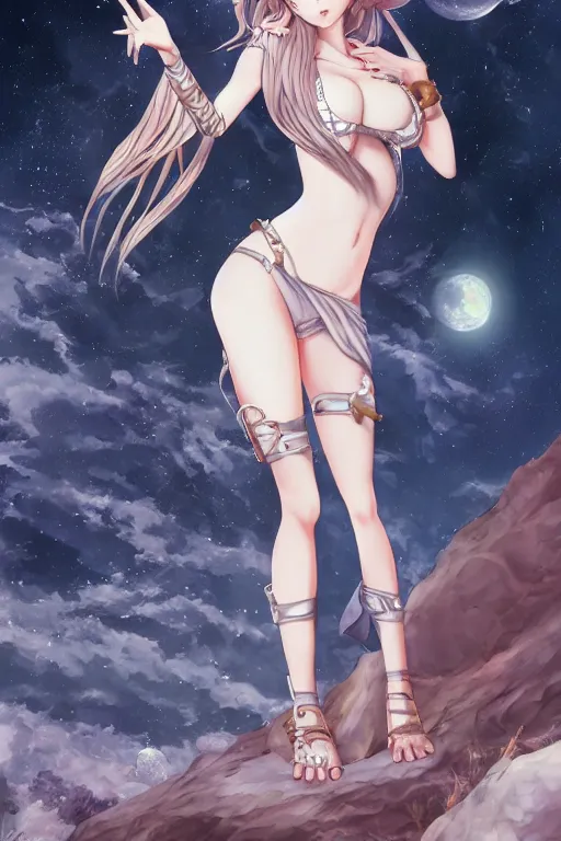 Prompt: Adult anime style girl on the moon waving, fantasy, intricate, elegant, highly detailed, digital painting, 4k, HDR, concept art, smooth, sharp focus, illustration, art by artgerm and H R Giger and alphonse much